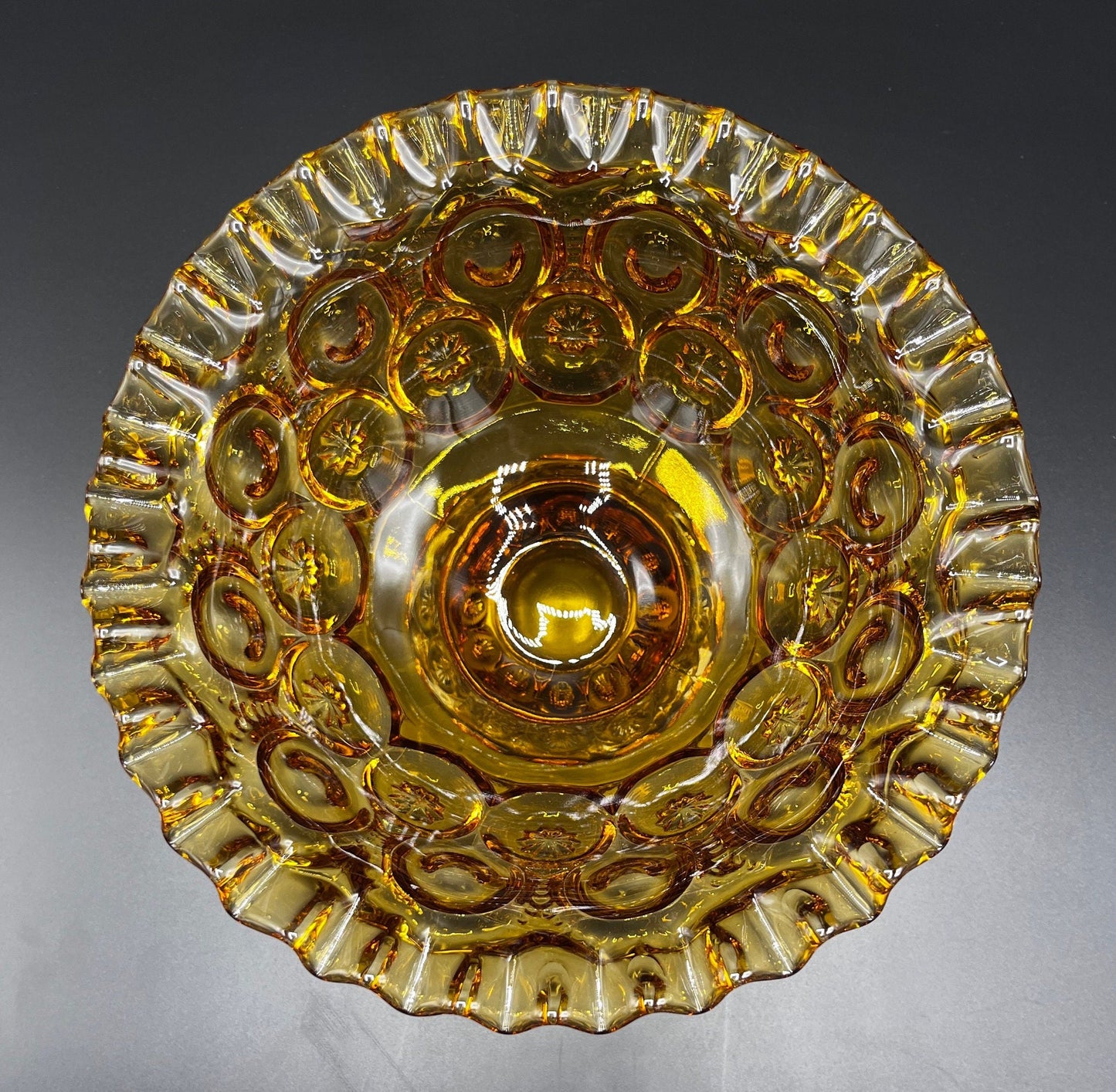 Vintage LE Smith Moon and Stars Amber Gold Glass Compote Ruffled Footed Candy Dish Bowl | Mid Century Modern Home Decor