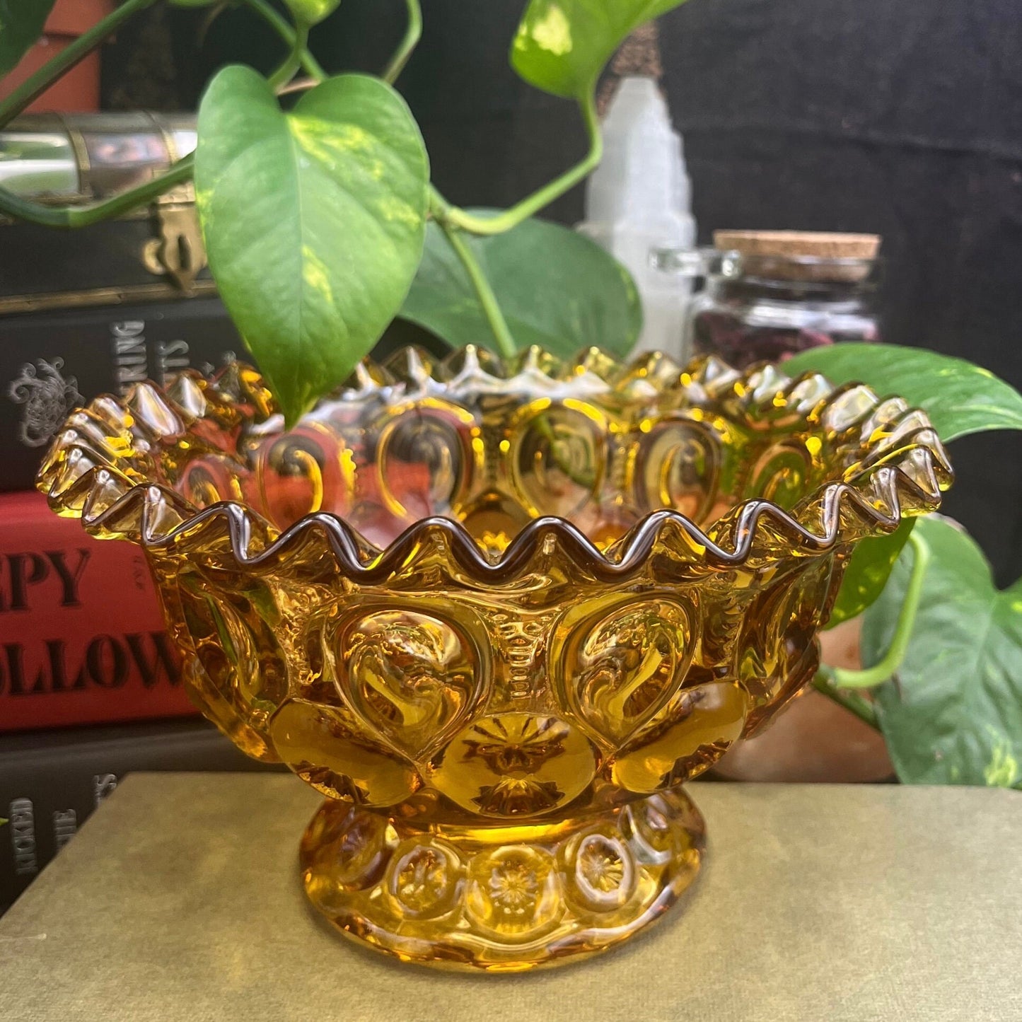 Vintage LE Smith Moon and Stars Amber Gold Glass Compote Ruffled Footed Candy Dish Bowl | Mid Century Modern Home Decor