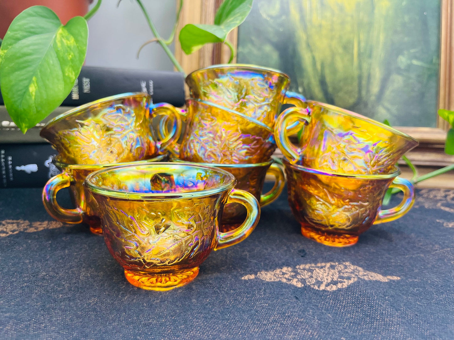 Vintage Set of 8 Indiana Carnival Glass "Harvest Grape" Punch Cup | Iridescent Gold Amber Marigold Tea Cups