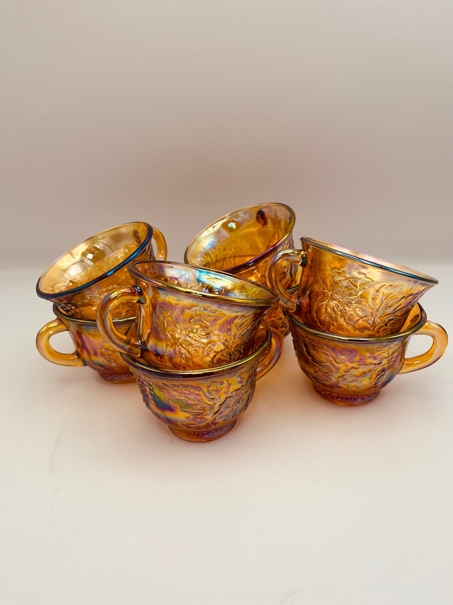 Vintage Set of 8 Indiana Carnival Glass "Harvest Grape" Punch Cup | Iridescent Gold Amber Marigold Tea Cups