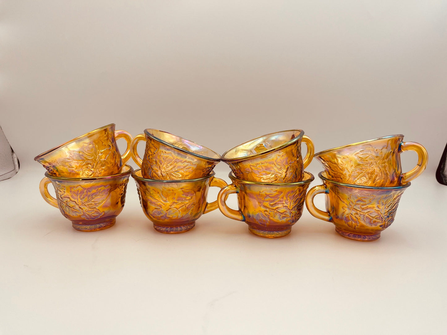Vintage Set of 8 Indiana Carnival Glass "Harvest Grape" Punch Cup | Iridescent Gold Amber Marigold Tea Cups