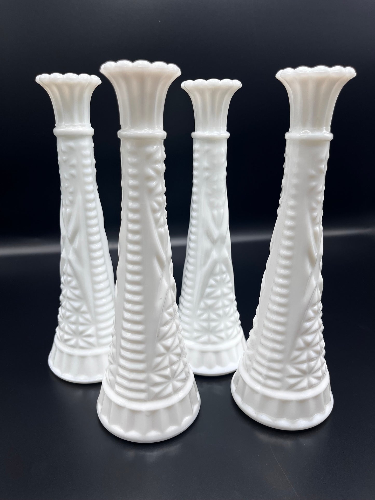 Vintage Milk Glass Stars and Bars Bud Vase by Anchor Hocking 9" Set of 4 | White Pressed Glass