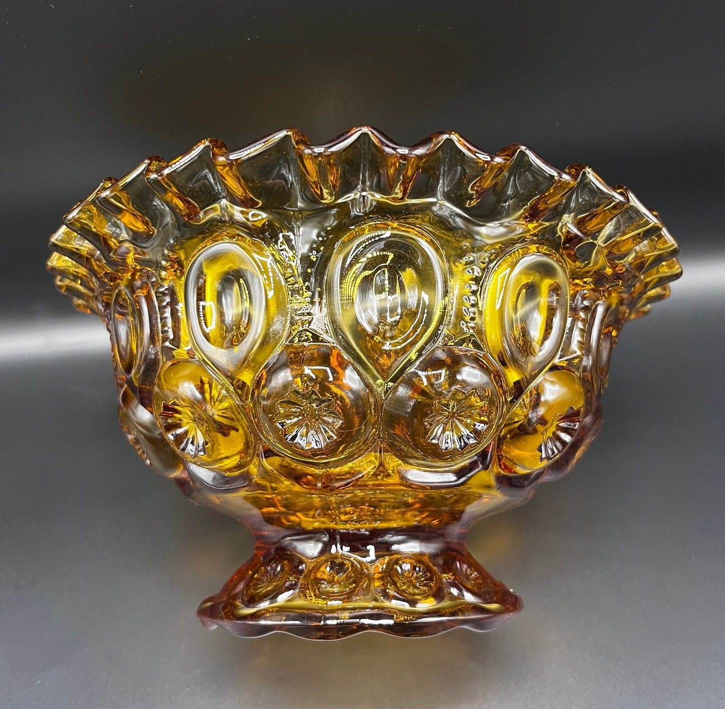 Vintage LE Smith Moon and Stars Amber Gold Glass Compote Ruffled Footed Candy Dish Bowl | Mid Century Modern Home Decor