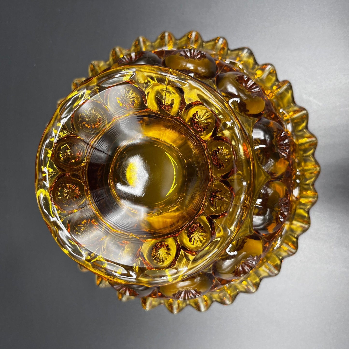 Vintage LE Smith Moon and Stars Amber Gold Glass Compote Ruffled Footed Candy Dish Bowl | Mid Century Modern Home Decor