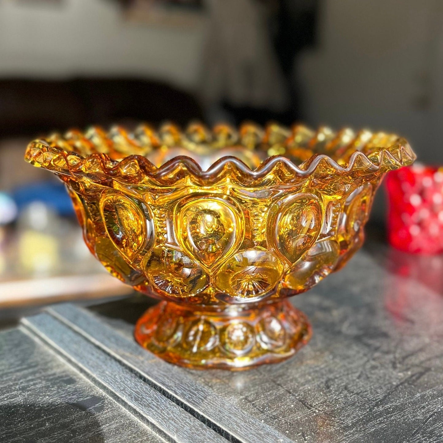 Vintage LE Smith Moon and Stars Amber Gold Glass Compote Ruffled Footed Candy Dish Bowl | Mid Century Modern Home Decor