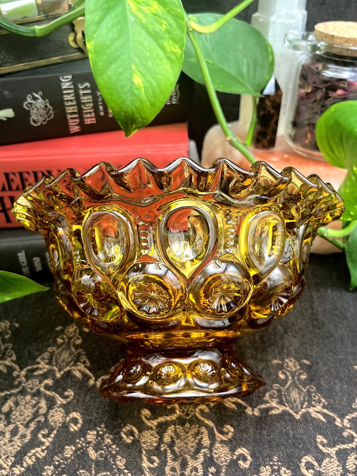 Vintage LE Smith Moon and Stars Amber Gold Glass Compote Ruffled Footed Candy Dish Bowl | Mid Century Modern Home Decor