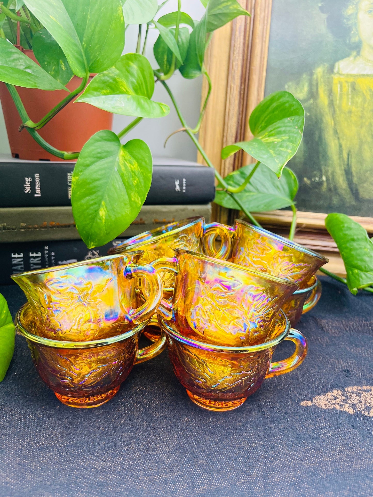 Vintage Set of 8 Indiana Carnival Glass "Harvest Grape" Punch Cup | Iridescent Gold Amber Marigold Tea Cups