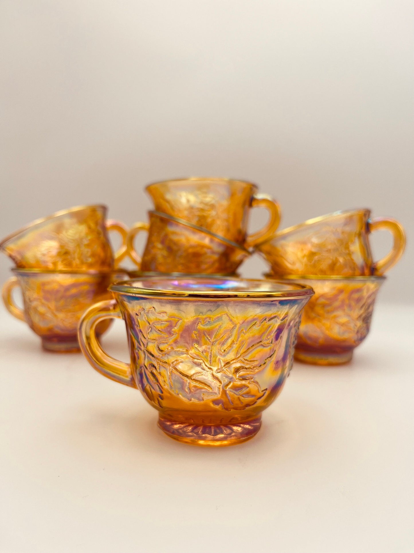 Vintage Set of 8 Indiana Carnival Glass "Harvest Grape" Punch Cup | Iridescent Gold Amber Marigold Tea Cups