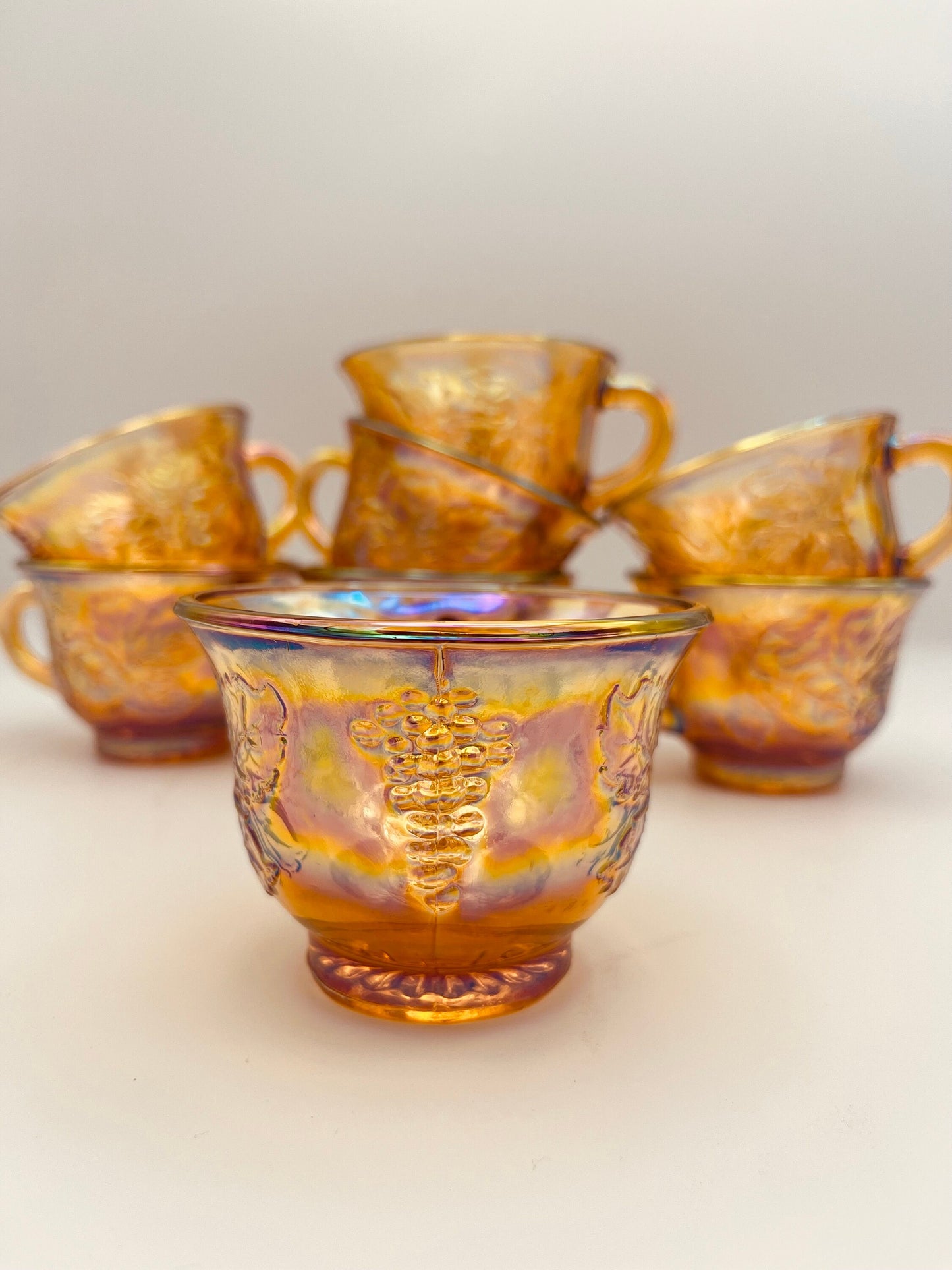 Vintage Set of 8 Indiana Carnival Glass "Harvest Grape" Punch Cup | Iridescent Gold Amber Marigold Tea Cups
