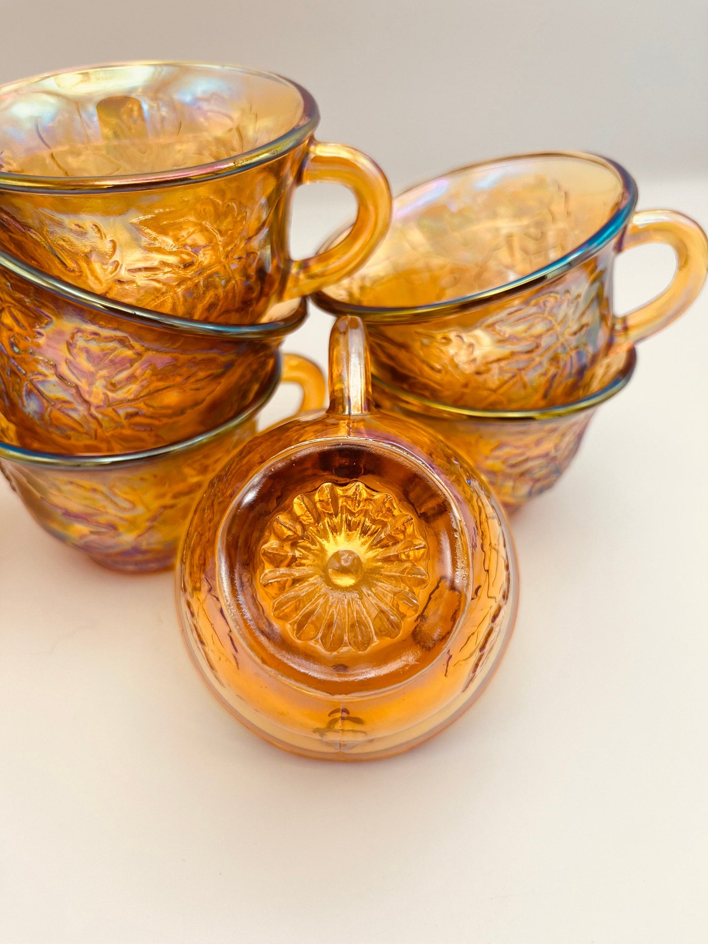 Vintage Set of 8 Indiana Carnival Glass "Harvest Grape" Punch Cup | Iridescent Gold Amber Marigold Tea Cups