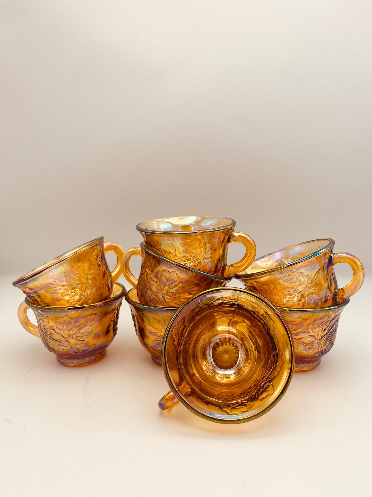 Vintage Set of 8 Indiana Carnival Glass "Harvest Grape" Punch Cup | Iridescent Gold Amber Marigold Tea Cups