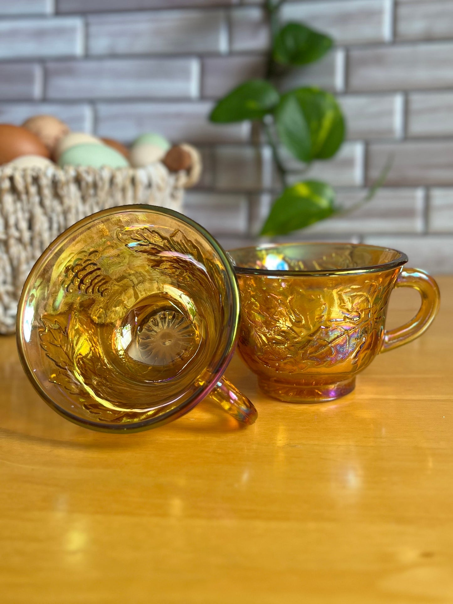 Vintage Set of 8 Indiana Carnival Glass "Harvest Grape" Punch Cup | Iridescent Gold Amber Marigold Tea Cups