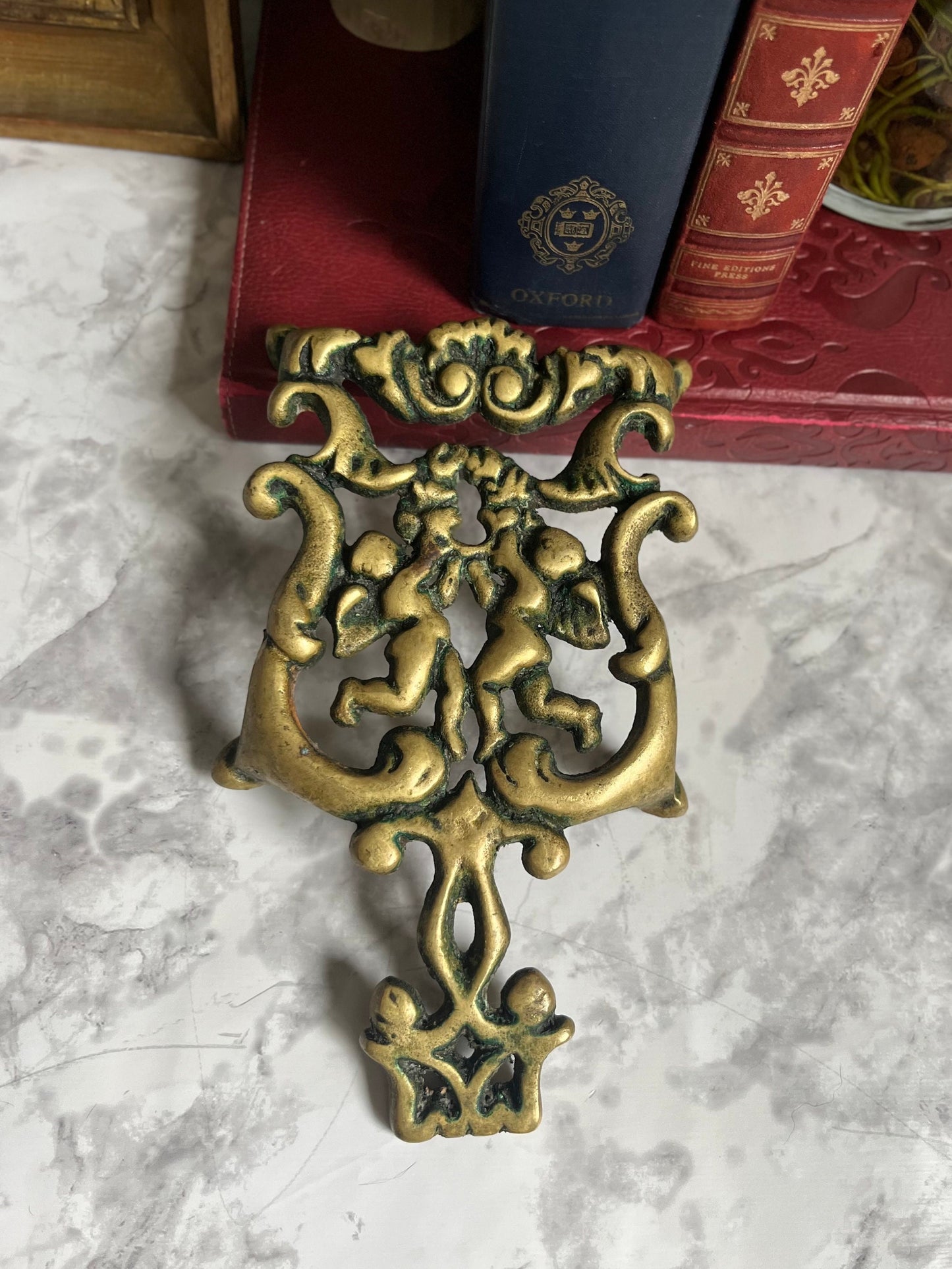 Antique Brass Cherub Trivet by Wilton - Ornate Vintage Decorative Hot Plate, Elegant Angel Kitchen Decor, Cherub Design Footed Pot Holder