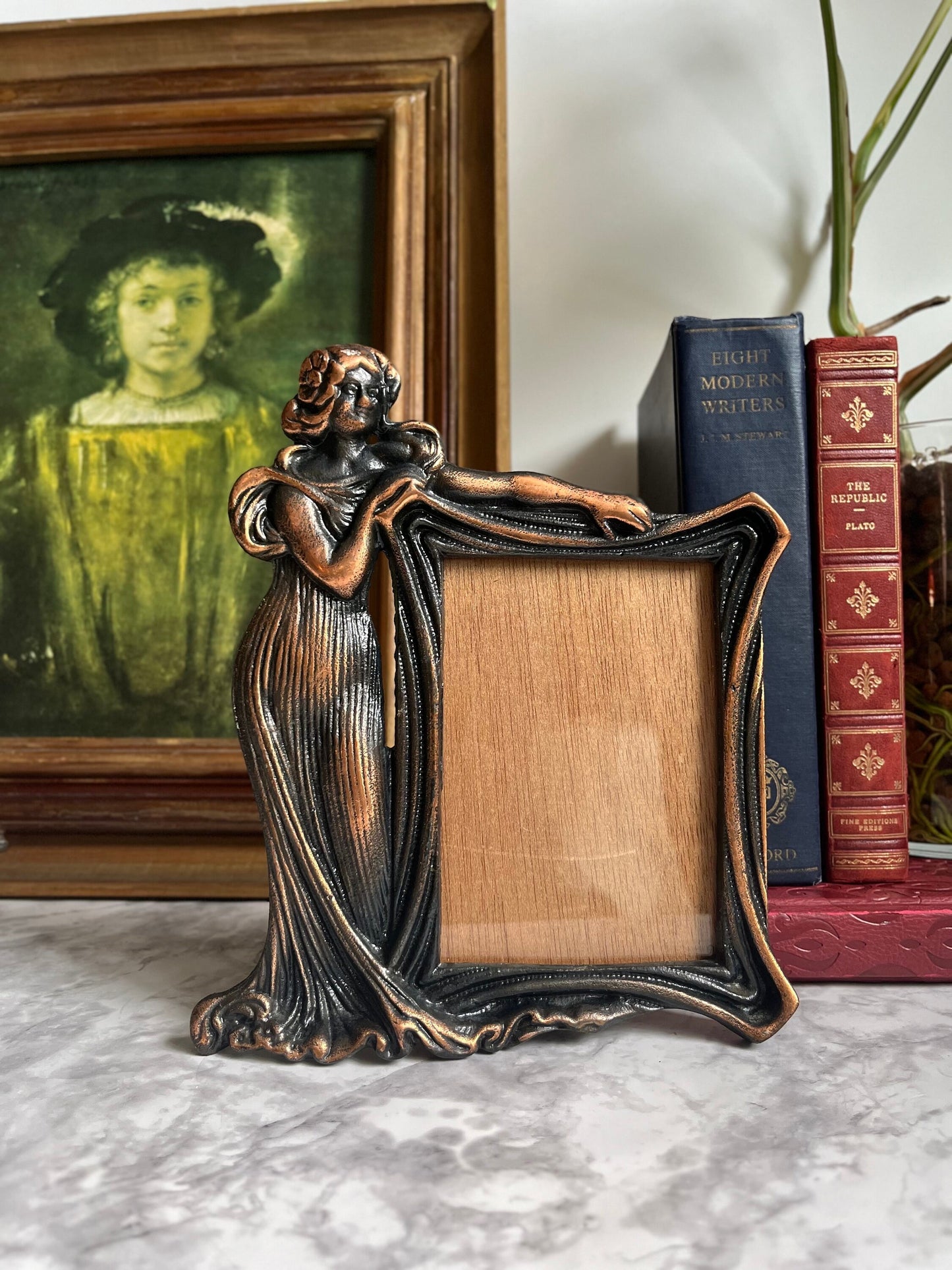 Antique Bronze Art Nouveau Picture Frame Victorian Woman Tabletop Photo Frame Ornate Vintage Decor Elegant Display for Photos or Art 4"x6"