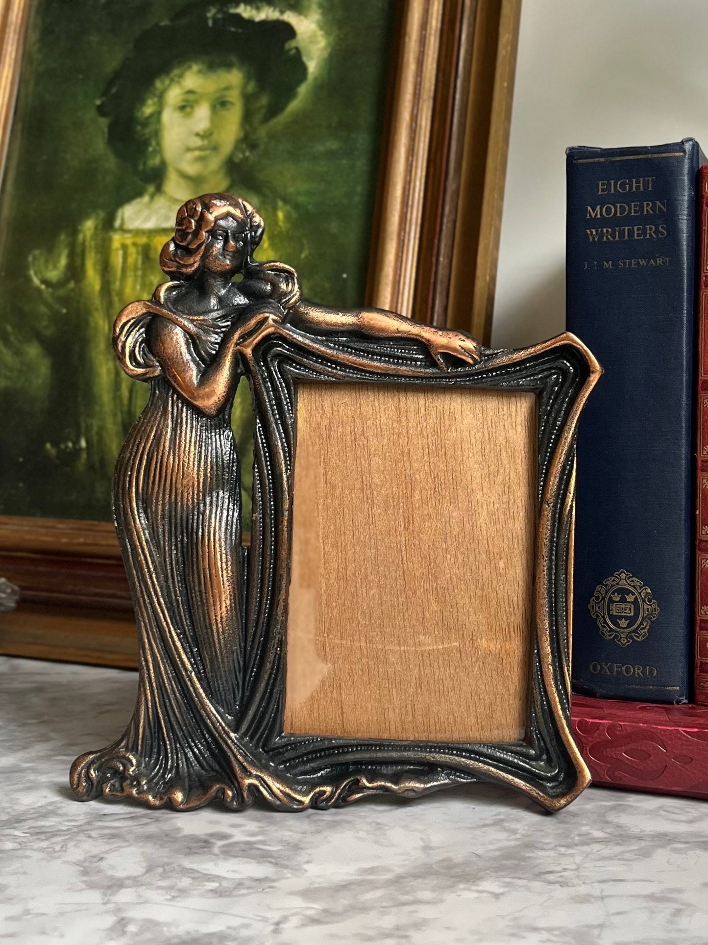 Antique Bronze Art Nouveau Picture Frame Victorian Woman Tabletop Photo Frame Ornate Vintage Decor Elegant Display for Photos or Art 4"x6"