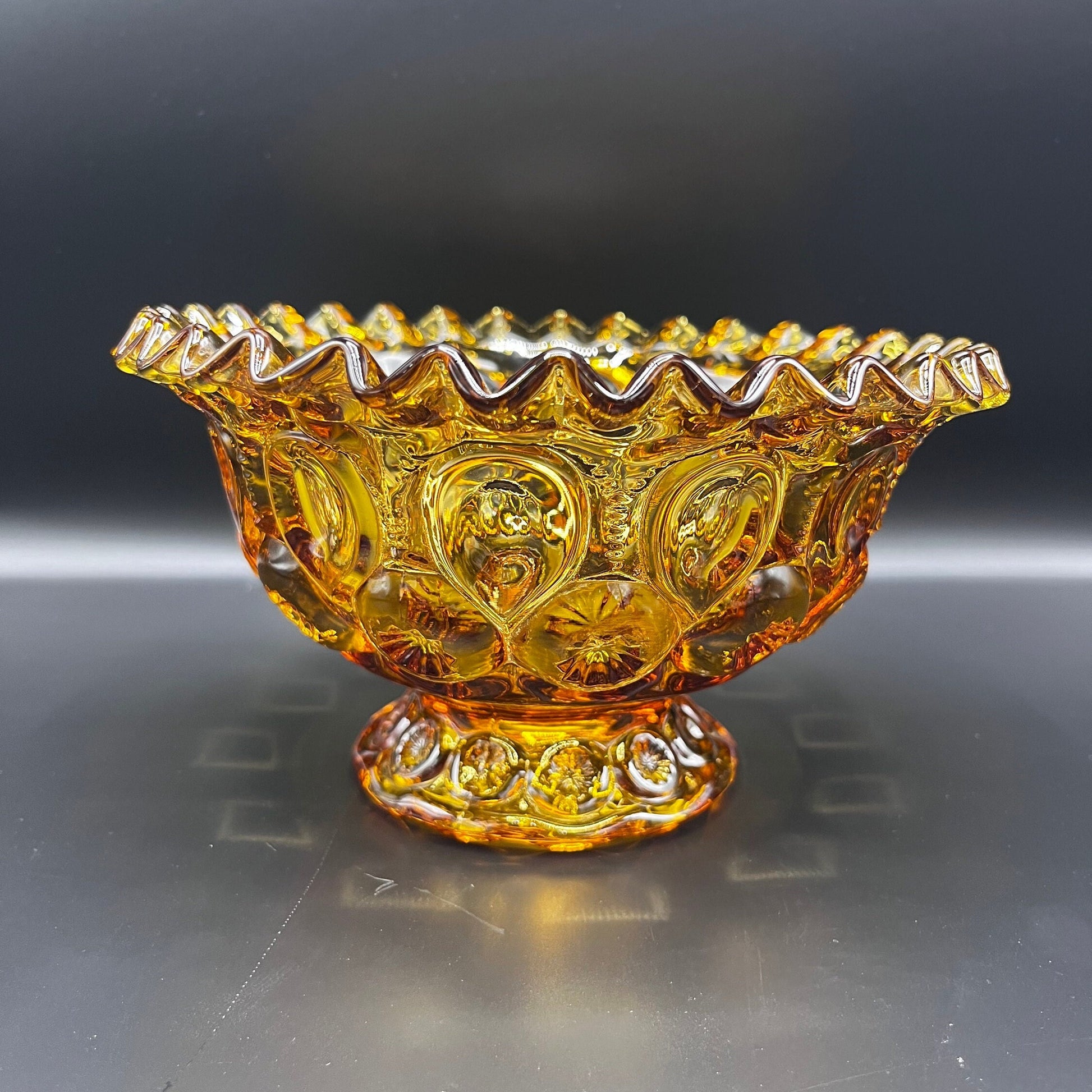 Vintage LE Smith Moon and Stars Amber Gold Glass Compote Ruffled Footed Candy Dish Bowl | Mid Century Modern Home Decor