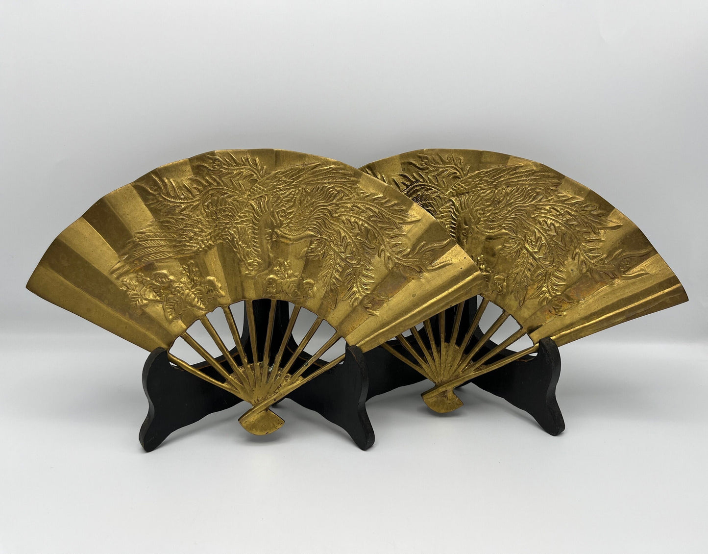 Pair of Vintage Solid Brass Phoenix Rising Fans Immortal Sun Japanese Wall Art | Mid Century Modern Decor | Gallery Wall