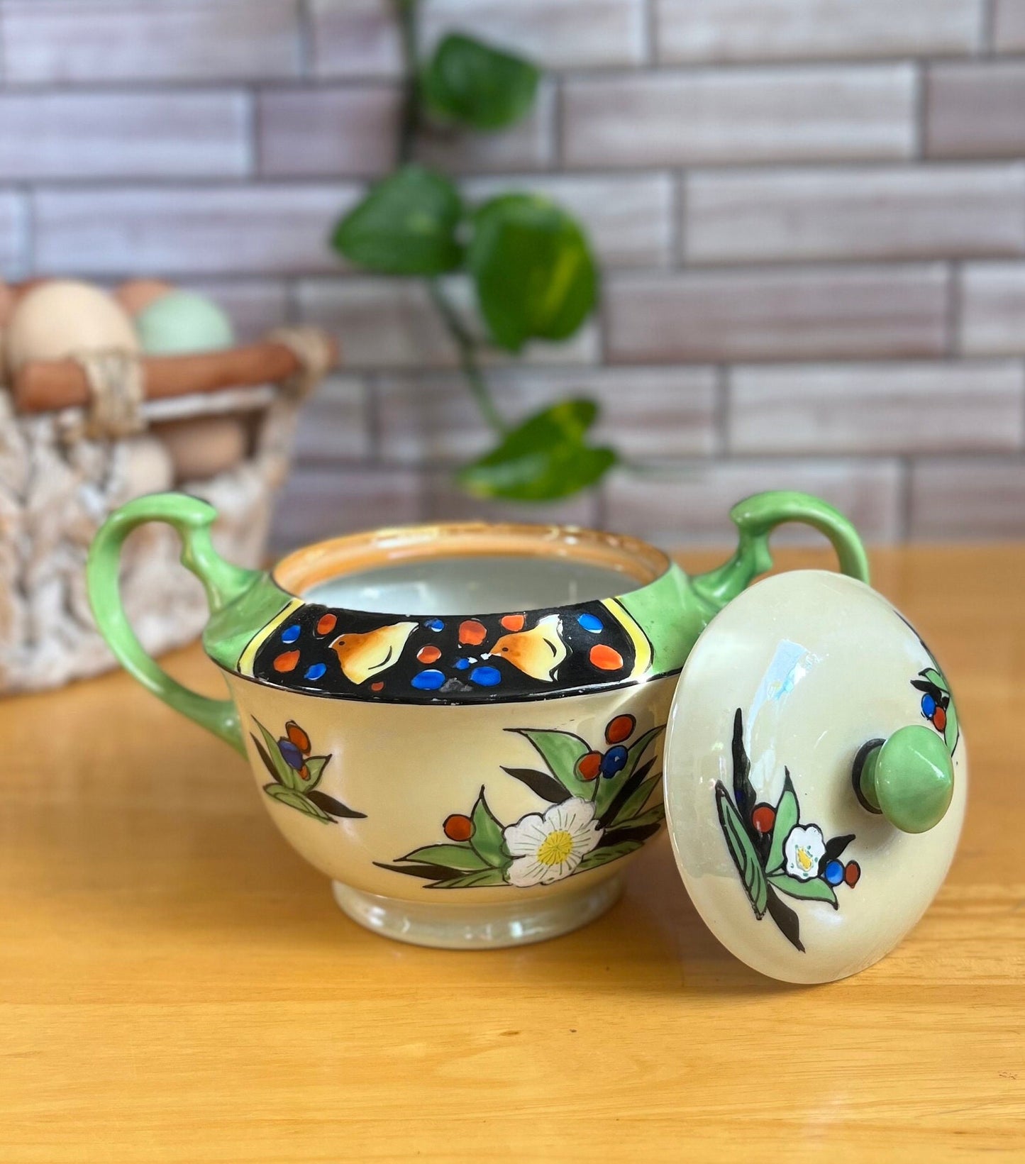 Vintage Gold Castle Hand Painted Japanese Green Luster Sugar Dish | Retro Kitchen | Cottagecore Decor