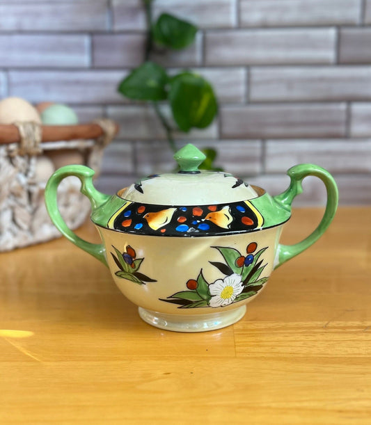 Vintage Gold Castle Hand Painted Japanese Green Luster Sugar Dish | Retro Kitchen | Cottagecore Decor