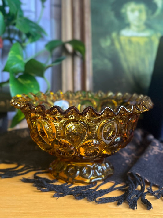 Vintage LE Smith Moon and Stars Amber Gold Glass Compote Ruffled Footed Candy Dish Bowl | Mid Century Modern Home Decor