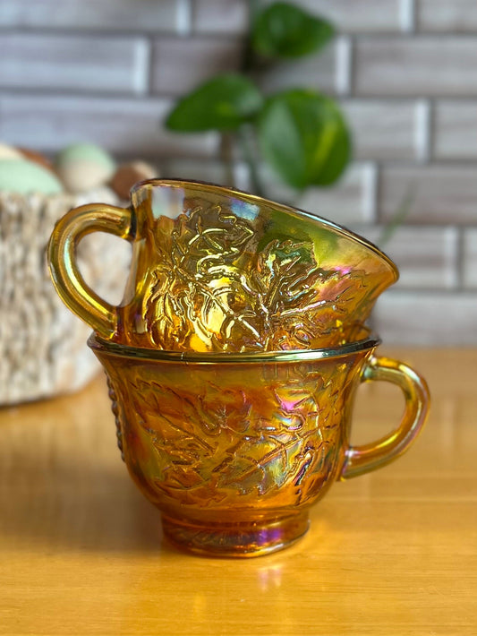 Vintage Set of 8 Indiana Carnival Glass "Harvest Grape" Punch Cup | Iridescent Gold Amber Marigold Tea Cups