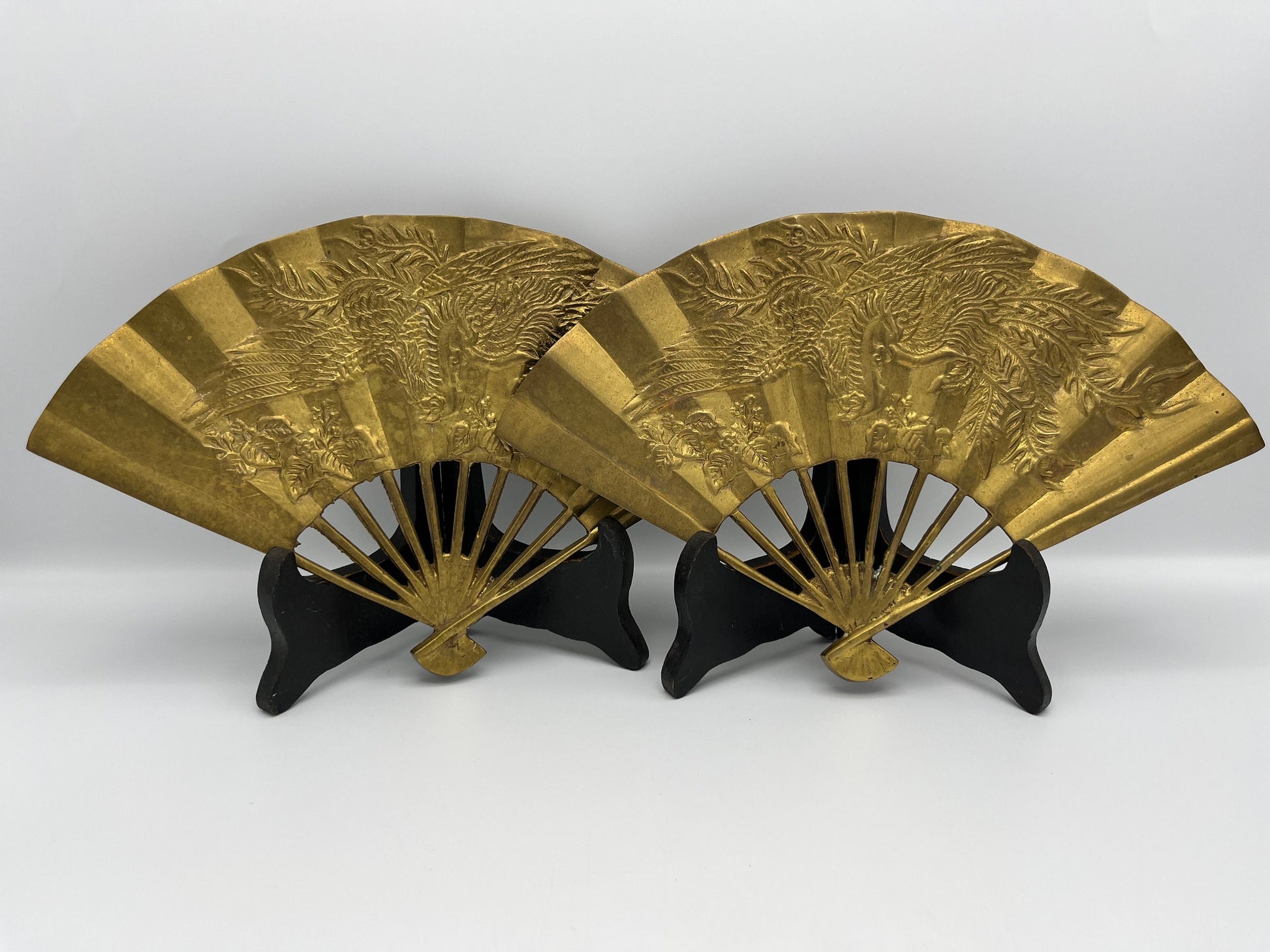 Pair of Vintage Solid Brass Phoenix Rising Fans Immortal Sun Japanese Wall Art | Mid Century Modern Decor | Gallery Wall