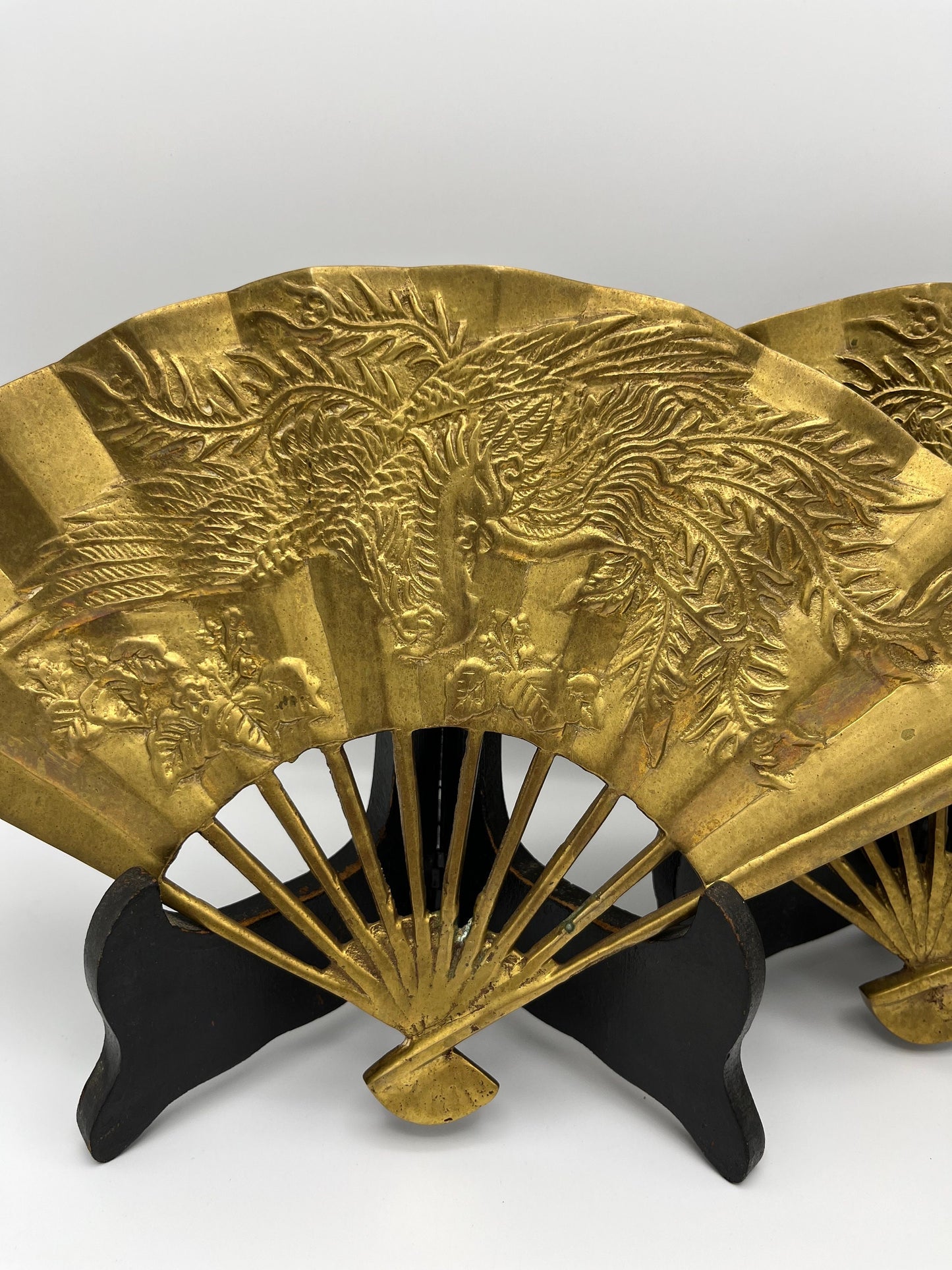 Pair of Vintage Solid Brass Phoenix Rising Fans Immortal Sun Japanese Wall Art | Mid Century Modern Decor | Gallery Wall