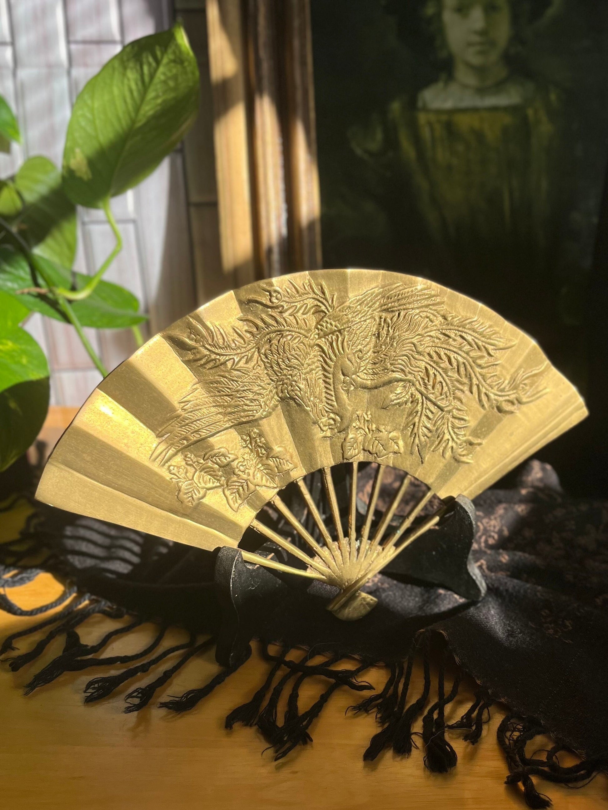 Pair of Vintage Solid Brass Phoenix Rising Fans Immortal Sun Japanese Wall Art | Mid Century Modern Decor | Gallery Wall