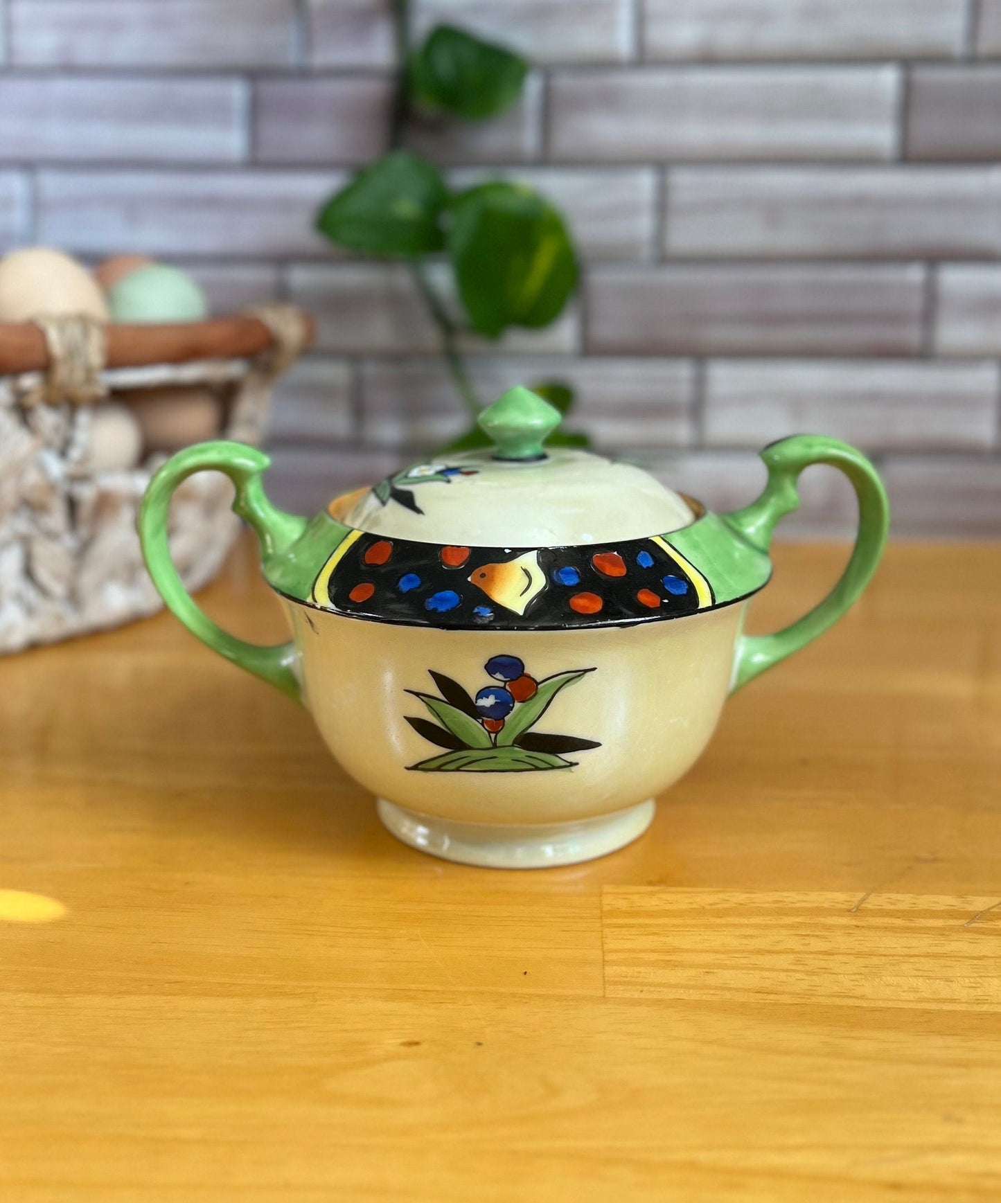 Vintage Gold Castle Hand Painted Japanese Green Luster Sugar Dish | Retro Kitchen | Cottagecore Decor